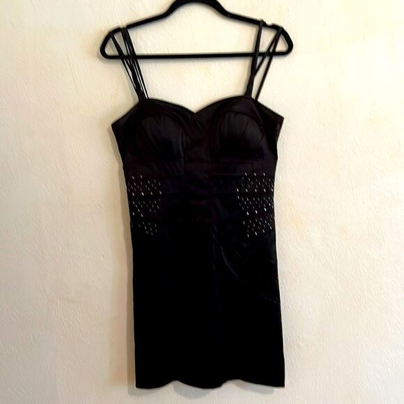 XOXO Black Satin Corset Party Dress with Stud and Rhinestones Accents Size 7/8 - Picture 3 of 10